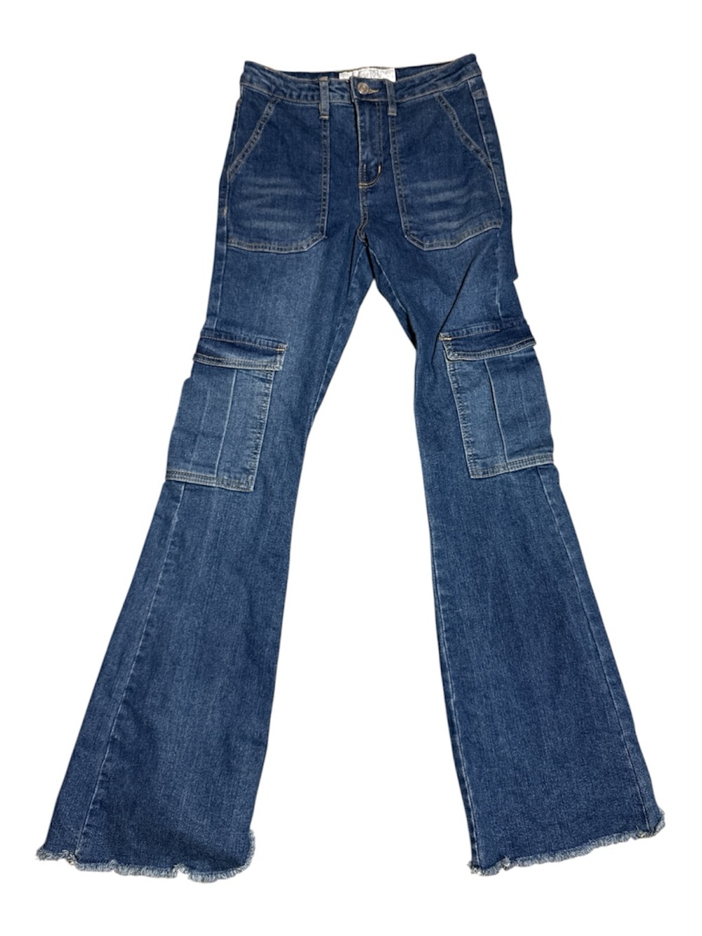 Indigo Rein Women's Cargo Flare Jeans Medium Wash Frayed Hem Size 5